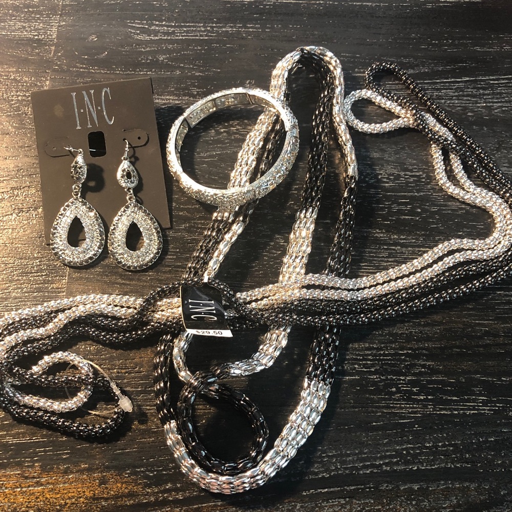 INC Necklaces Earring‎ Bracelet LOT 5 Pieces Black Silver Popcorn Mesh Metal NWT